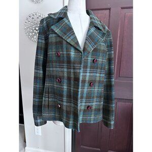 Jones New York Signature Womens Medium Wool 100% Lambswool Blazer Teal Plaid